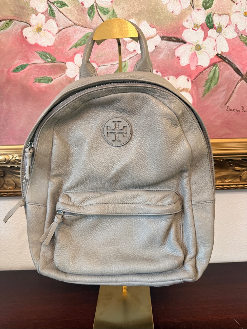 Tory Burch Gray Pebbled Leather Backpack